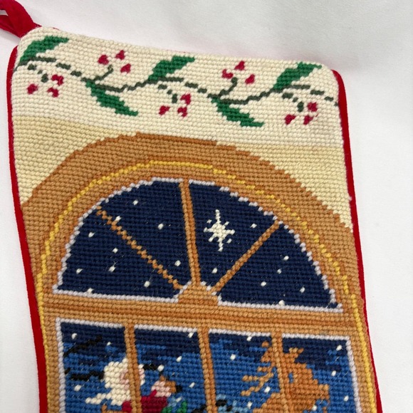 VTG Hand Made Needlepoint Christmas Stocking Child Waiting for Santa Reindeer - Picture 3 of 8